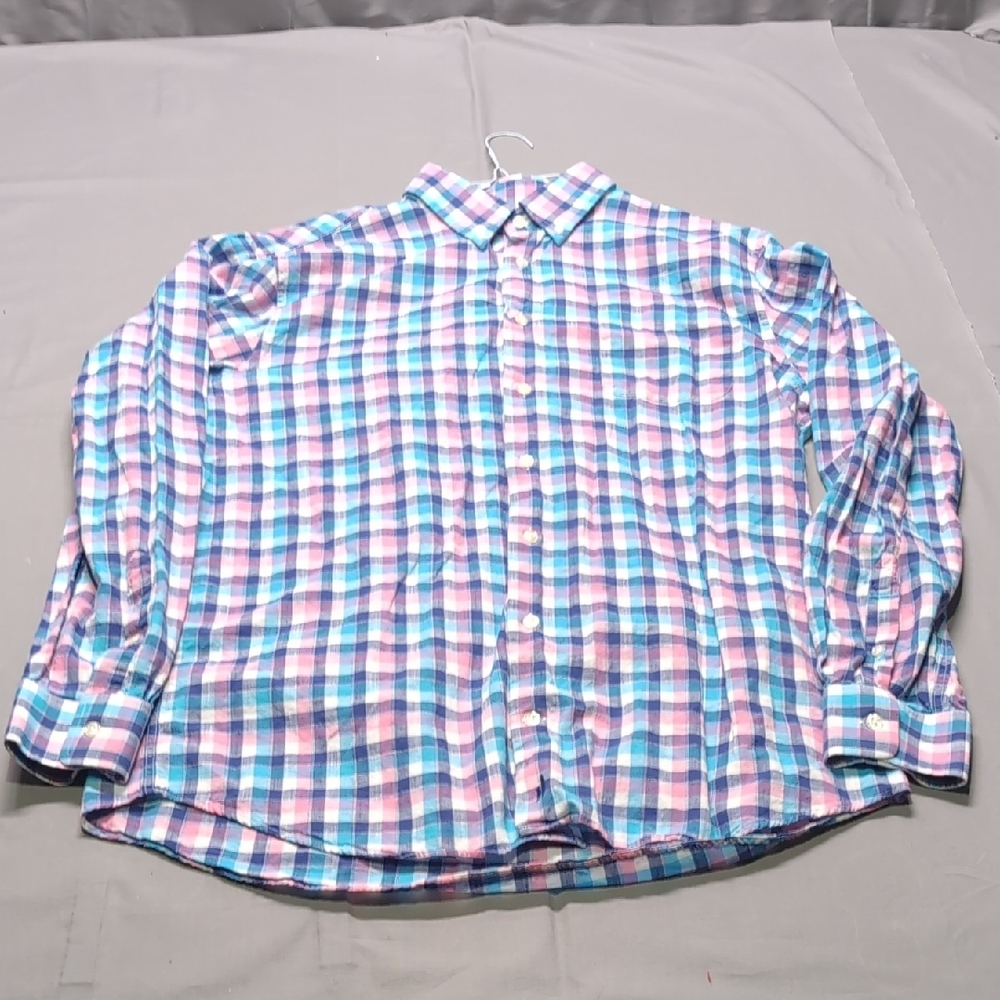 Johnnie-O Mens Large Blue Pink Gingham Plaid Long Sleeve Button Cotton Shirt